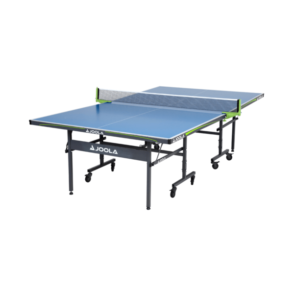 White Background Image: JOOLA Outdoor Table Tennis Table with light blue table surface and lime green net posts