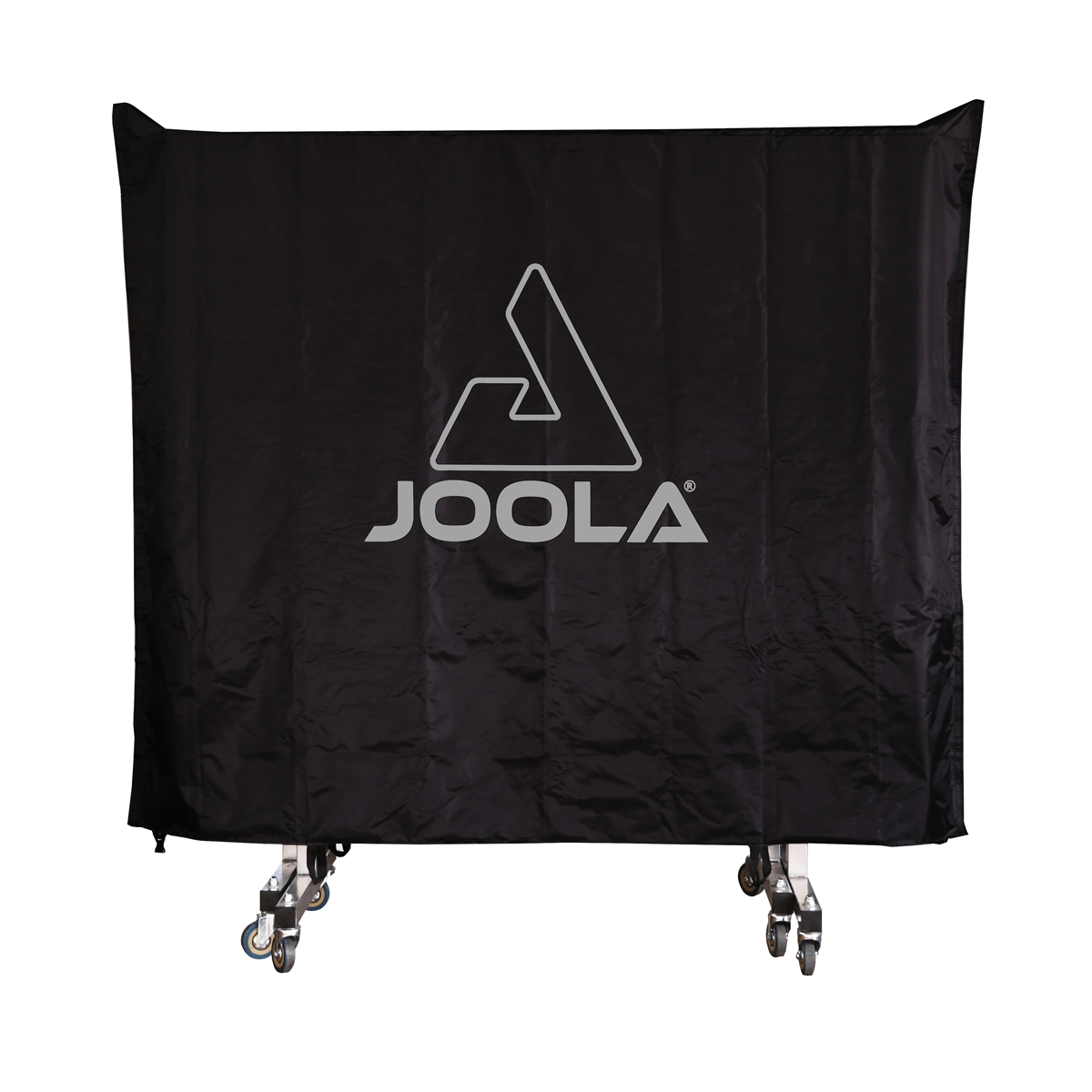 White Background Image: Black JOOLA All-Weather Table Cover with large white stacked JOOLA logo in the center, covering a table tennis table* in storage position (*table not included)