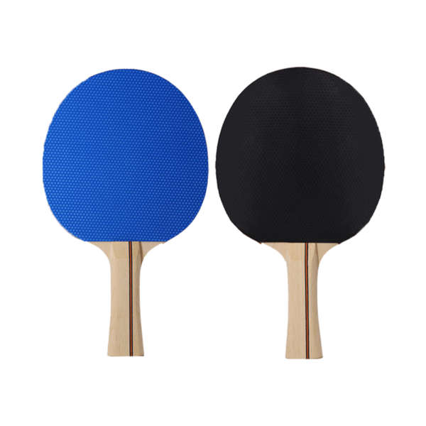 White Background Image: 2 rackets that are included in the JOOLA Essentials Variant Complete Table Tennis Set, side by side. One shows a blue rubber surface (front), the other with a black rubber surface (back)