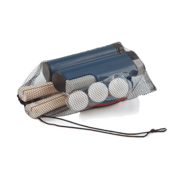 White Background Image: Retractable Net, 2 Rackets & 3 Balls included in the JOOLA Essentials Variant Complete Table Tennis Set, inside a black mesh carrying bag