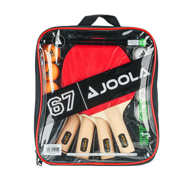 White Background Image: 4 Orange Table Tennis Balls, 4 JOOLA Hit Table Tennis Rackets, 4 white Table Tennis Balls inside a clear JOOLA Hit Carrying Case