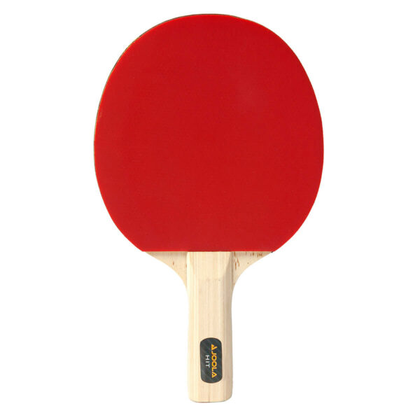 White Background Image: Front of the JOOLA Hit Racket showing red rubber and JOOLA logo lens on handle