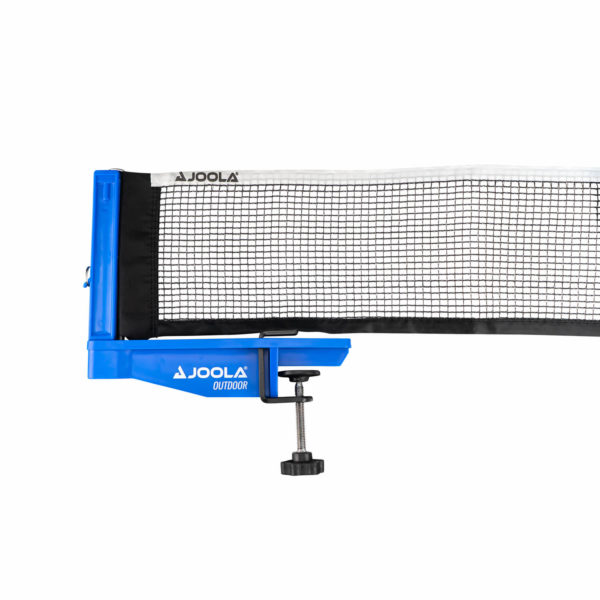 White Background Image: JOOLA Outdoor Net with blue net posts with white JOOLA logo on the bottom and screw-style net clamp