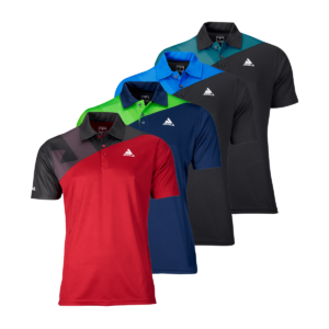 White Background Image: JOOLA Ace Polo in (Left to Right) Black/Red, Navy/Lime, Black/Blue, Black/Petrol.