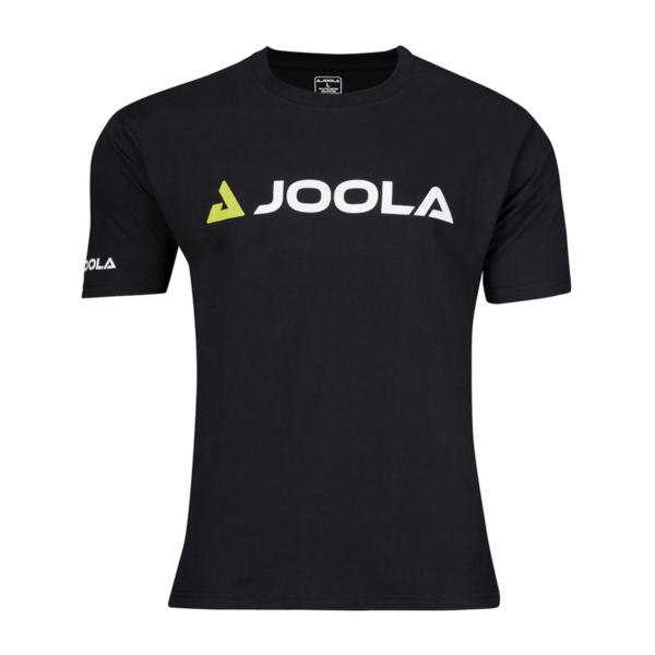 White Background Image: JOOLA Phaze T-Shirt. Black T-Shirt with horizontal JOOLA logo across chest in white with lime icon, white logo on right sleeve.