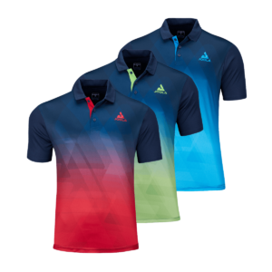 White Background Image: JOOLA Trinity Polo in (Left to Right) Navy/ed, Navy/Green, Navy/Blue. Design features navy as shirt base with ombre design that fades into alternate color. JOOLA stacked logo in alternate color on left chest.