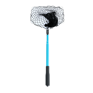White Background Image: JOOLA Telescoping Ball Pickup Net with wide black mesh net attached to metallic blue telescoping handle with black grip