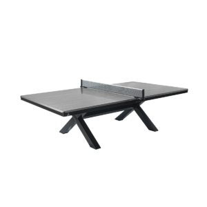 White Background Image: JOOLA Brighton X-Leg Table Tennis Table with grey table surface and black X-shaped legs, and net and post set attached.