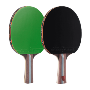 White Background Image: JOOLA Infinity Balance Table Tennis Racket with Micron Rubber (left to right): Back of paddle with green rubber and light blue stripe down the handle, front of paddle with black rubber, light blue stripe down handle, and red handle lens with JOOLA logo