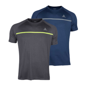 White Background Image: JOOLA Anvia T-Shirt (Left to Right): Grey, Navy. Design has a solid shirt with a stripe across the chest. Grey features a lime stripe, navy features a grey stripe. Shirts feature stacked JOOLA logo on left chest.
