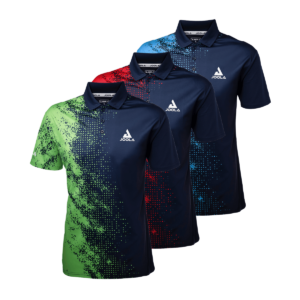 White Background Image: JOOLA Sygma Polo (Left to Right) Navy/Green, Navy/Red, Navy/Blue. The design features a solid navy design on the left with the alternate color on the right. The right side features a design of many dots that start out almost solid and fades into micro dots as it progresses towards the middle of the shirt. White stacked JOOLA logo on left chest.