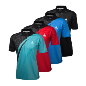 White Background Image: JOOLA Synergy Polo (Left to Right) Black/Turquoise, Black/Red, Black/Navy, Black/Grey. Design has the black covering the right sleeve and cuts diagonally across to the left shoulder. The rest of the shirt is alternate color. Shirts feature white JOOLA logo on left chest.
