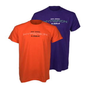 White Background Image: JOOLA Hyperion T-Shirt in Orange (Left) and Purple (Right). T-shirt with "Ben Johns Hyperion" and JOOLA horizontal logo across the chest.