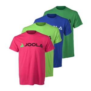 White Background Image: JOOLA Icon T-Shirt (Left to Right) Hot Pink, Lime Green, Blue, Irish Green. T-shirt has JOOLA horiziontal logo across the chest.