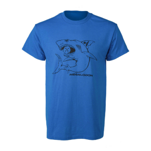 White Background Image: JOOLA Megalodon T-Shirt. Blue T-shirt with Megalodon shark illustration in black outline, shark is biting onto a pickleball. "Megalodon" written underneath design.
