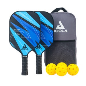 Product photo showing the two, JOOLA Blue Lightning paddles, two yellow pickleballs, and grey carrying case included in the JOOLA Ben Johns Blue Lightning Set