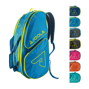 White Background Image: JOOLA Tour Elite Duffle Bag (Left) in Turquoise/Teal (Right) smaller thumbnails of Black/Light Blue, Black/Yellow, Blue/Yellow, Hot Pink/Blue, Navy/Yellow, Orange/Gray