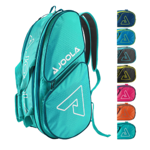 White Background Image: JOOLA Tour Elite Pro Duffle Bag (Left) in Turquoise/Teal (Right) smaller thumbnails of Black/Light Blue, Black/Yellow, Blue/Yellow, Hot Pink/Blue, Navy/Yellow, Orange/Gray