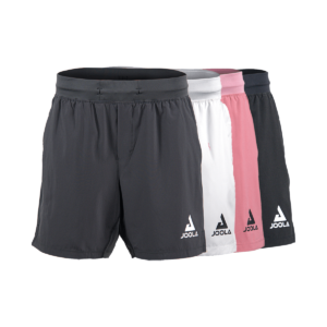 Product photo, from left to right, of the JOOLA Ben Johns Fluid Shorts in Grey, White, Pink, and Black