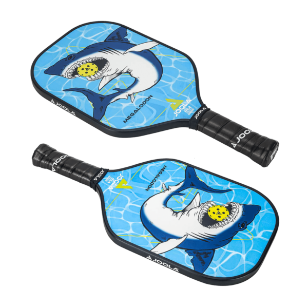 Product photo showing the front and back of the JOOLA Megalodon Junior Pickleball Paddle