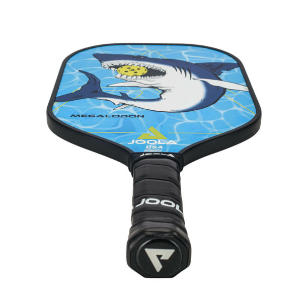Product photo showing front of the JOOLA Megalodon Junior Pickleball Paddle from an upward angle