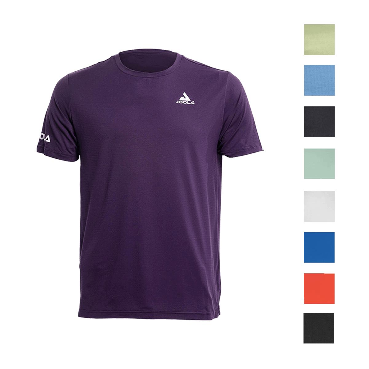Product photo of the JOOLA Ben Johns React T-Shirt in Blackberry Cordial (Left), thumbnail swatches of Mint Green, Carolina Blue, Blackberry Cordial, Dusty Aqua, White, Nobility Blue, Hot Coral, Blue Graphite (Right)