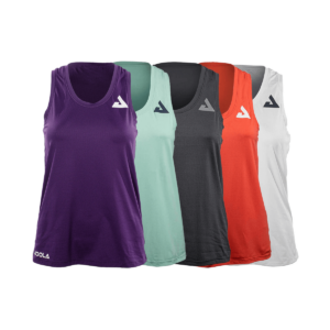 White Background Image: JOOLA Flow Tank Top in Blackberry Cordial, Dusty Aqua, Blue Graphite, Hot Coral, and White