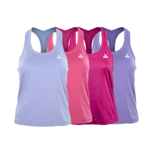 White Background Image: JOOLA Mona Tank Tops in colors (Left to Right) Purple Heather, Ibis Rose, Fuchsia Red, and Sand Verbana