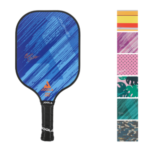 Image: White background product photo of JOOLA Journey Blue Pickleball Paddle with variations swatches to the right. Variation swatches (T to B): Santa Fe, Purple, Polka Dot, Monstera, Green, Camo