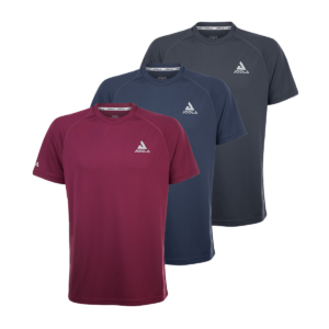White Background Image (Left to Right): JOOLA Airform T-Shirt in Bordeaux, Navy, Dark Grey
