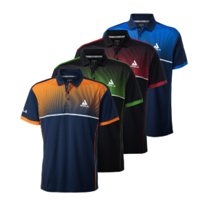 White Background Image: JOOLA Edge Polo with ombre design on upper third of shirt, white stripe across under the chest area, white stacked JOOLA logo in lefthand chest area, horizontal logo on right sleeve. Sleeves have accent color trim. Shirts (Left to Right): Navy/Orange, Black/Green, Black, Red, Navy/Blue