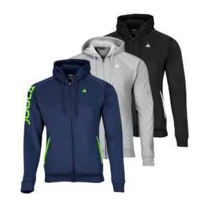 White Background Image (Left to Right): JOOLA Performance Hoodie Sweatshirt in Blue/Lime, Grey, and Black