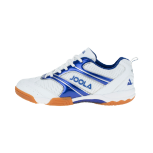 Product Image: White background image showing the side profile of the JOOLA Rally 20 Table Tennis shoe, which has a white and metallic blue design.