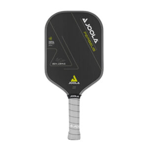 White Background Image: JOOLA Ben Johns Perseus CFS 14 with black paddle face, lemon accent font and JOOLA Trinity logo, gray edge guard, gray Feel-Tec Pure Grip