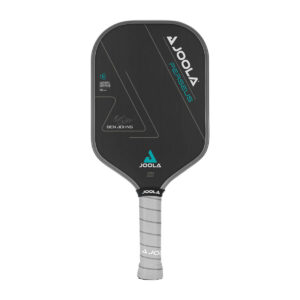 White Background Image: JOOLA Ben Johns Perseus CFS 16 with black paddle face, teal accent font and JOOLA Trinity logo, gray edge guard, gray Feel-Tec Pure Grip