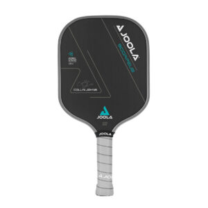 White Background Image: JOOLA Anna Bright Scorpeus CFS 16 with black paddle face, teal accent font and JOOLA Trinity logo, gray edge guard, gray Feel-Tec Pure Grip