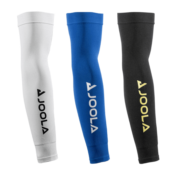 White Background Image: JOOLA UV Arm Sleeves UPF50+ in White, Royal Blue, and Black (Left to Right)