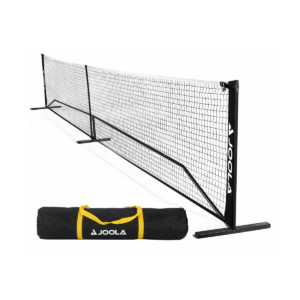 White Background Image: JOOLA Elemental Pickleball Net with Black carrying case with yellow handles
