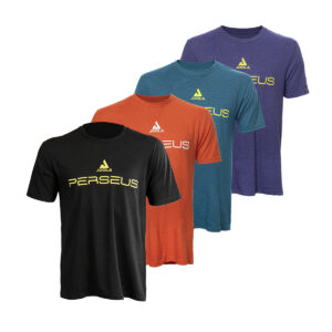 White Background Image: (Left to Right) JOOLA Perseus T-Shirt in Black, Deep Orange Heather, Heathered Teal, Purple Frost. T-Shirt design features JOOLA Infinity logo icon and Perseus series logo centered on the chest.