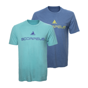 White Background Image: (Left to Right) JOOLA Scorpeus T-Shirt in Aqua Heather and Maritime Frost. T-Shirt design features JOOLA Infinity logo icon and Scorpeus series logo centered on the chest.