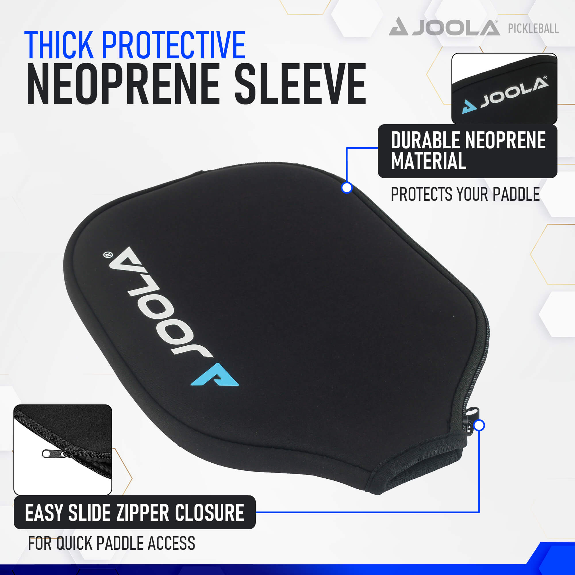 Infographic: "Thick protective neoprene sleeve. Durable neoprene material protects your paddle. Easy slide zipper closure for quick paddle access."