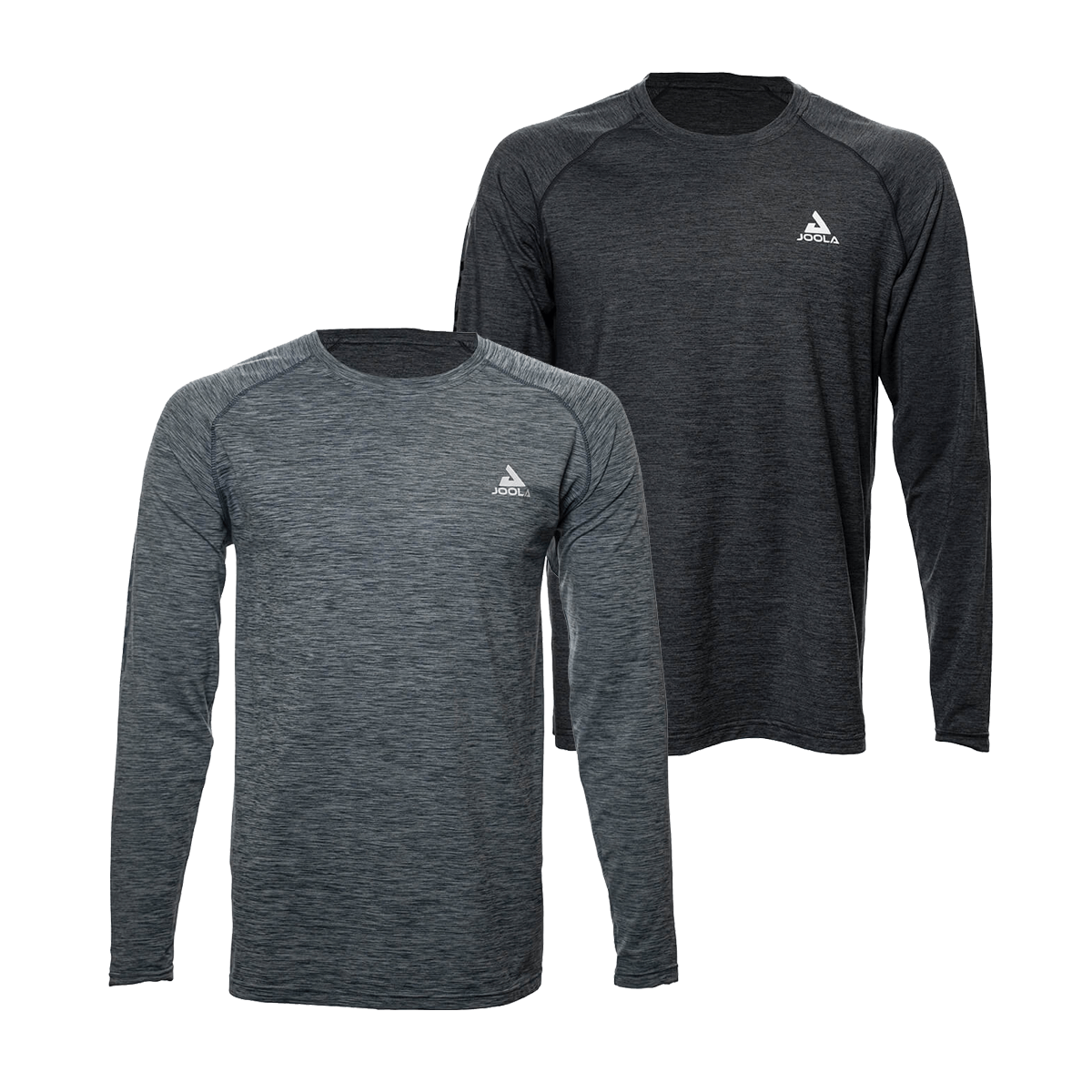 White Background Image: Long-sleeved JOOLA Ben Johns Motion crewneck shirt with white stacked JOOLA logo on upper left chest in Heather Gray (left) and Heather Charcoal (right).