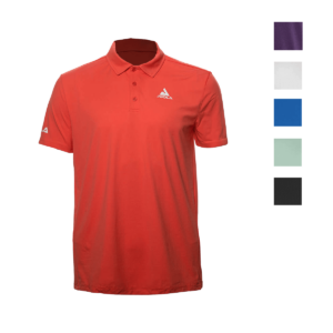 White Background Image: JOOLA Ben Johns React Polo in Hot Coral (left) with color swatches (right) of Blackberry Cordial, White, Nobility Blue , Dusty Aqua, and Blue Graphite (Top to Bottom)