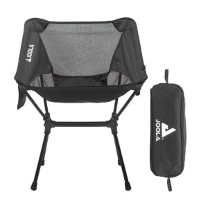White Background Image: Black JOOLA Compact Portable Chair with mesh back panel, white JOOLA logo on inner left, foldable legs, and attachable storage bag with white JOOLA stacked logo.