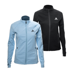 White Background Image: Long-sleeved JOOLA Contender Womens Jacket in Light Blue with zipper and black stacked JOOLA logo on left chest (left), in Black with zipper and white stacked JOOLA logo on left chest (right)