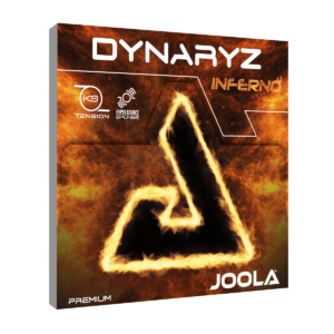 White Background Image: JOOLA Dynaryz Inferno Rubber packaging with Dynaryz logo across the top, Trinity icon at the center and an inferno/flame theme.