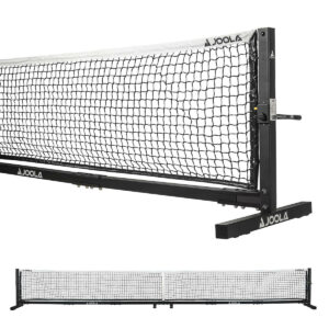 White Background Image: Showing the JOOLA Pro Pickleball Net. Top is a closeup shot of the right half, bottom is a shot of the full net. Net has stationary legs and the net features a side hand crank with steel cable stabilizing system.