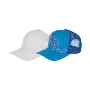 White Background Image: White JOOLA Trucker Hat with white JOOLA logo design on front and mesh back (left), Blue JOOLA Trucker Hat with pink JOOLA logo design on front and blue mesh back